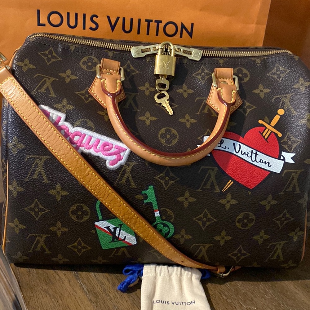 New price! Louis Vuitton Monogram Speedy 30 Handbag with Patches LIMITED EDITION